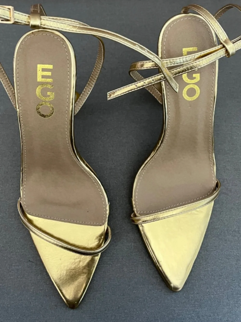 EGO Women's Ankle Strap Pointed Toe Stiletto Heel Gold Tone Size UK 5 US 7.5